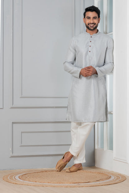 Zavaya Men Grey Embroidery Silk Kurta Pyjama Set