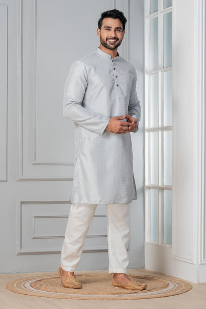 Zavaya Men Grey Embroidery Silk Kurta Pyjama Set