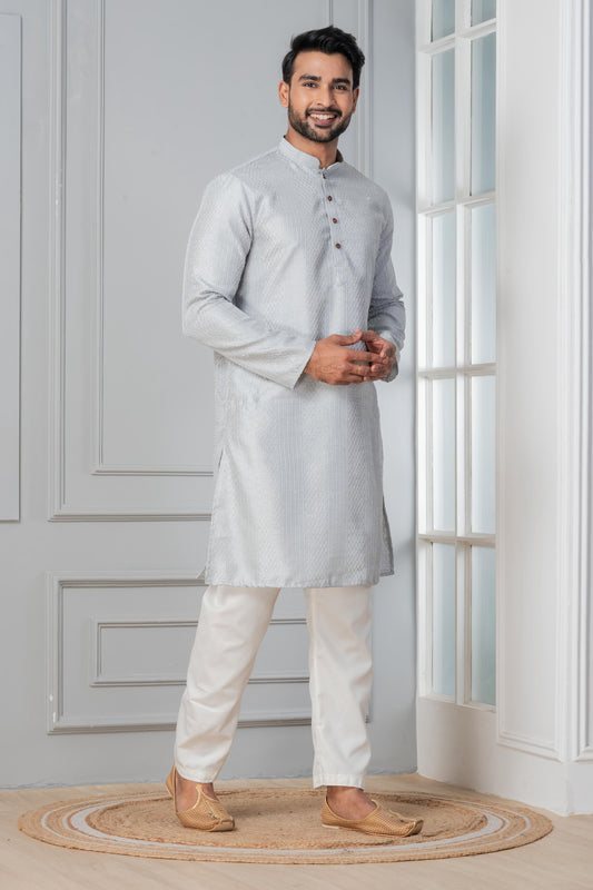 Zavaya Men Grey Embroidery Silk Kurta Pyjama Set