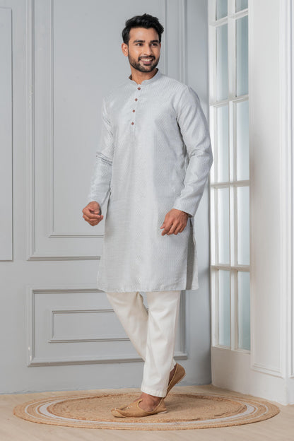 Zavaya Men Grey Embroidery Silk Kurta Pyjama Set