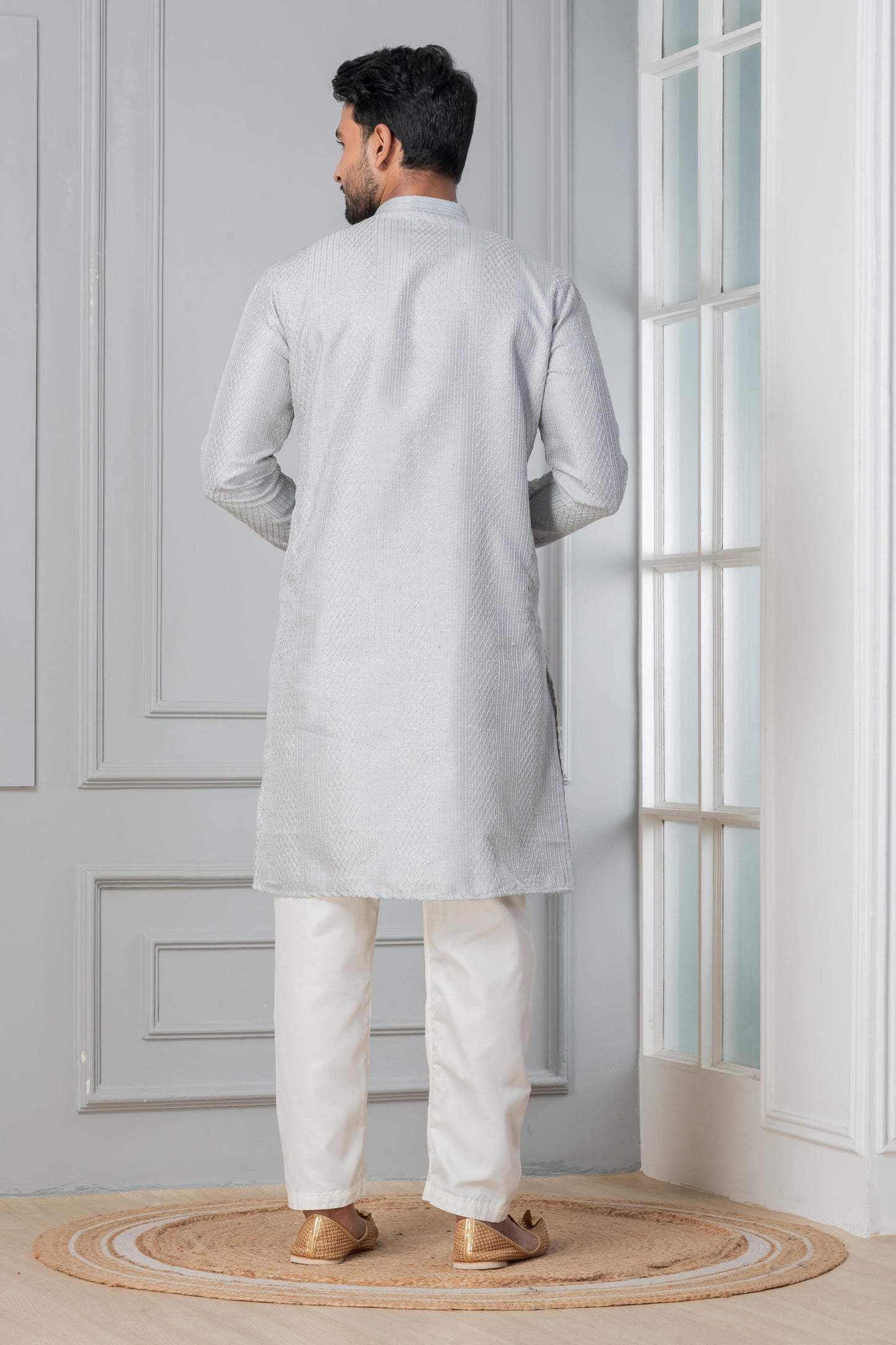 Zavaya Men Grey Embroidery Silk Kurta Pyjama Set