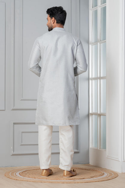 Zavaya Men Grey Embroidery Silk Kurta Pyjama Set