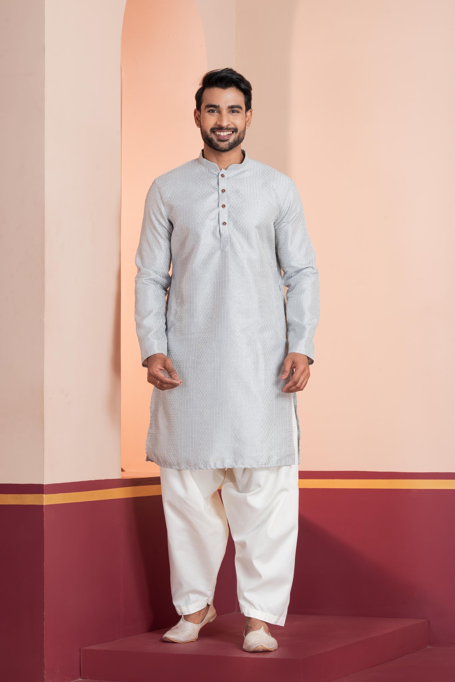Zavaya Men Grey Embroidery Silk Kurta Patiala Set
