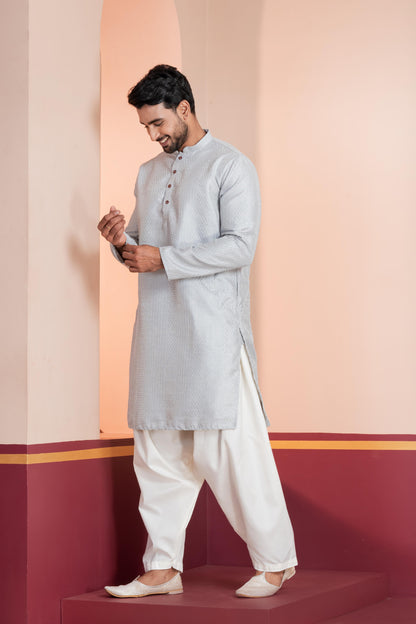 Zavaya Men Grey Embroidery Silk Kurta Patiala Set
