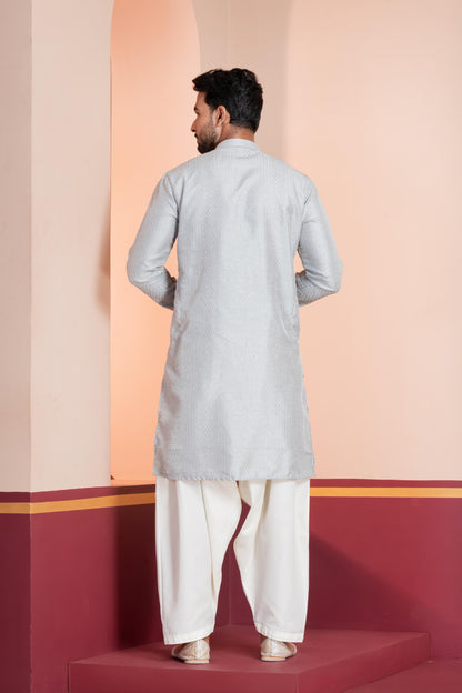 Zavaya Men Grey Embroidery Silk Kurta Patiala Set