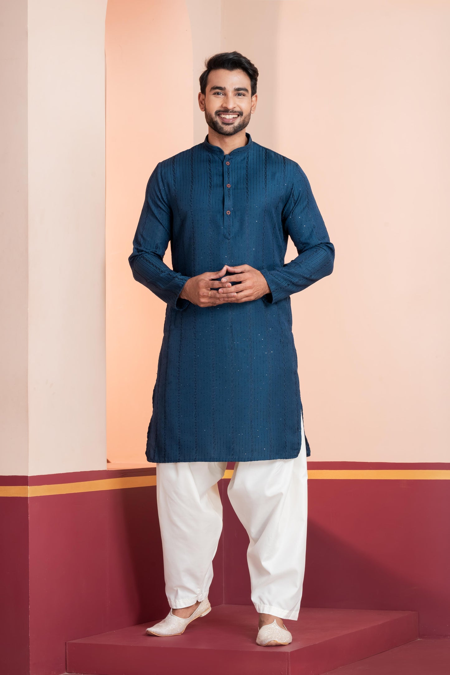 Zavaya Men Blue Embroidery Silk Kurta