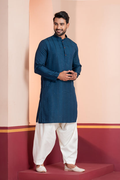 Zavaya Men Blue Embroidery Silk Kurta