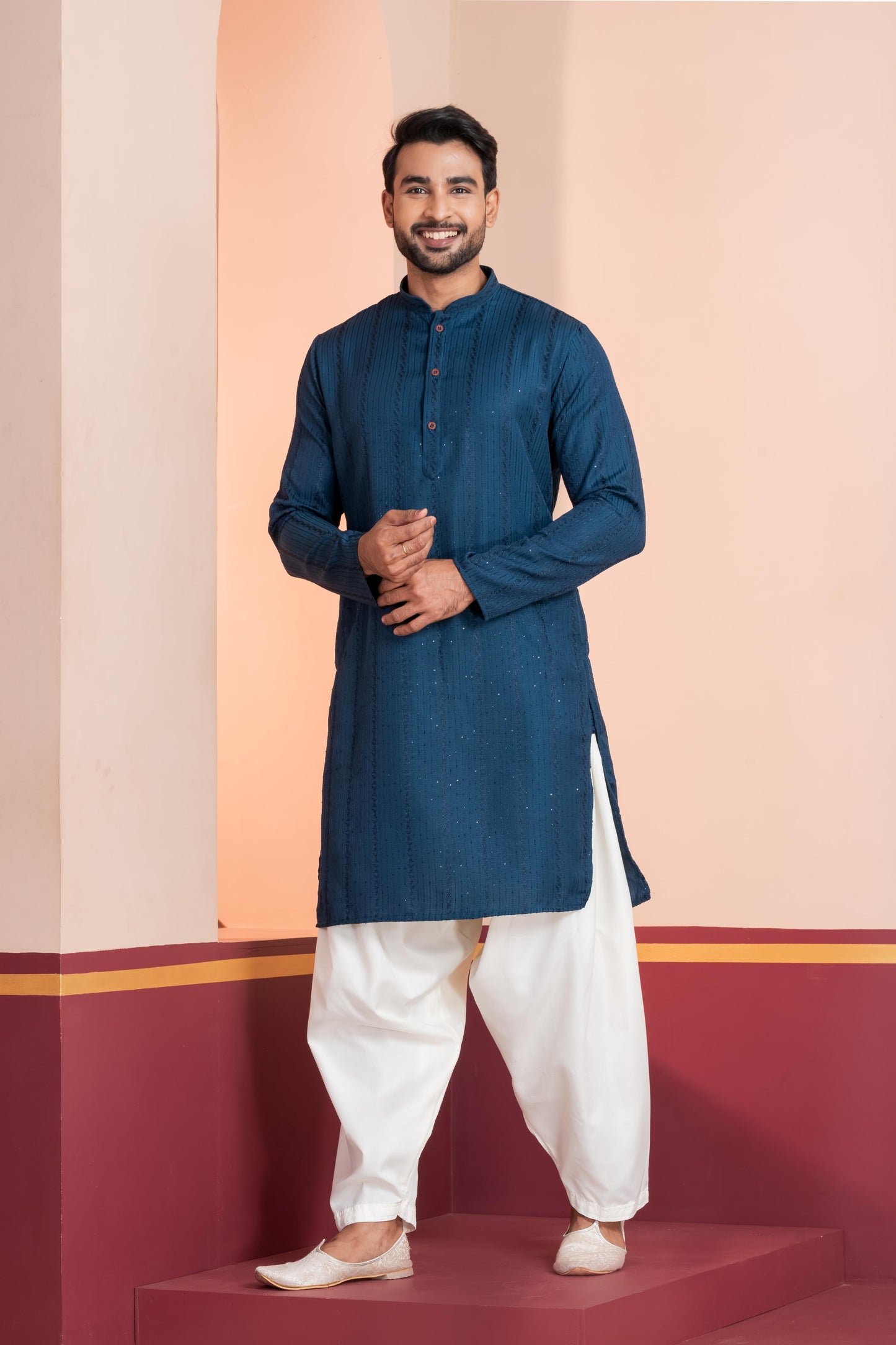 Zavaya Men Blue Embroidery Silk Kurta