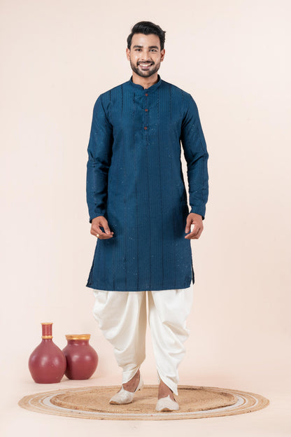 Zavaya Men Blue Embroidery Silk Kurta Dhoti Set