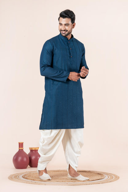 Zavaya Men Blue Embroidery Silk Kurta Dhoti Set