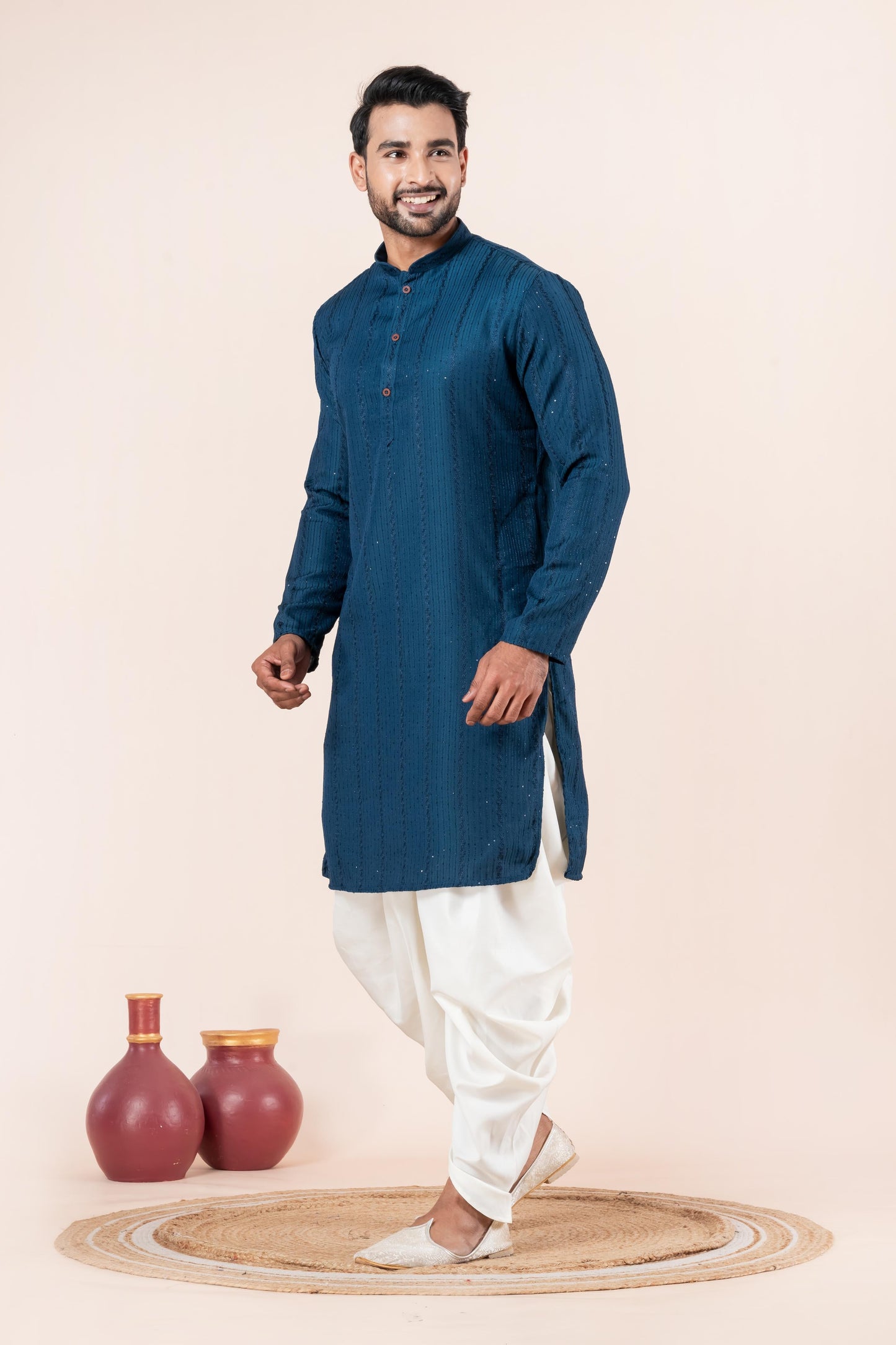 Zavaya Men Blue Embroidery Silk Kurta Dhoti Set