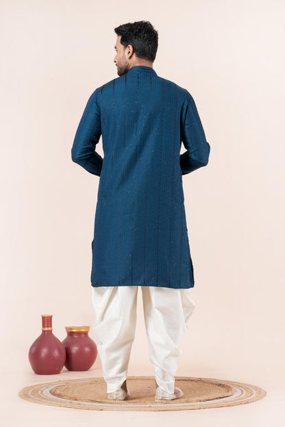 Zavaya Men Blue Embroidery Silk Kurta Dhoti Set