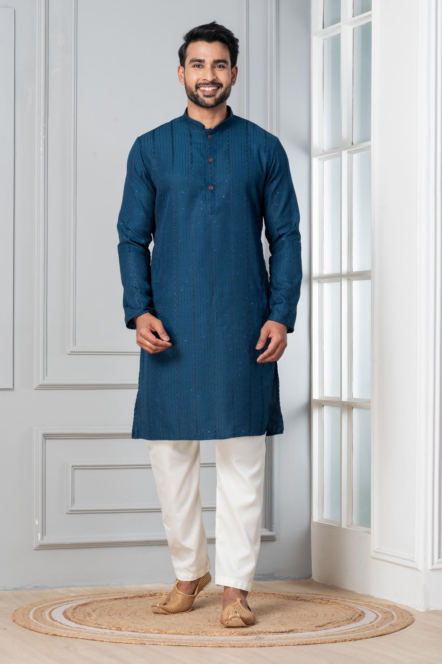 Zavaya Men Blue Embroidery Silk Kurta Pyjama Set
