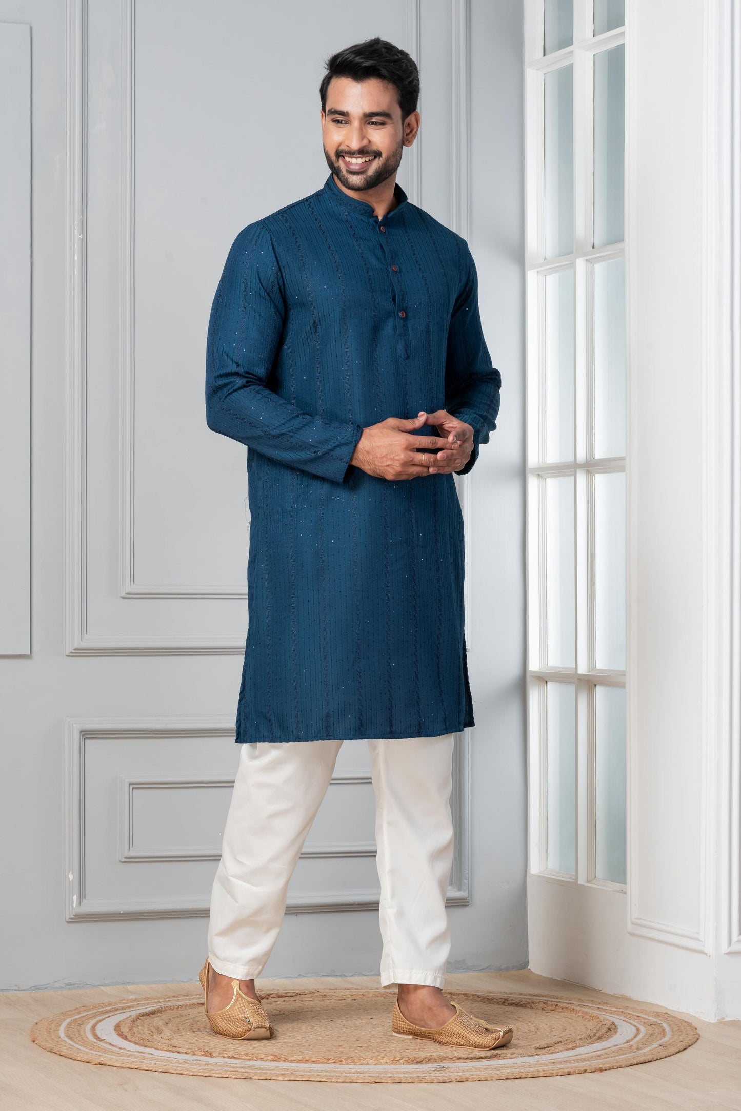 Zavaya Men Blue Embroidery Silk Kurta Pyjama Set