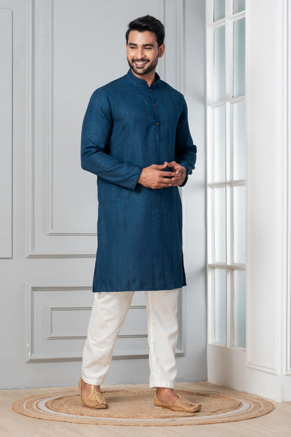 Zavaya Men Blue Embroidery Silk Kurta Pyjama Set