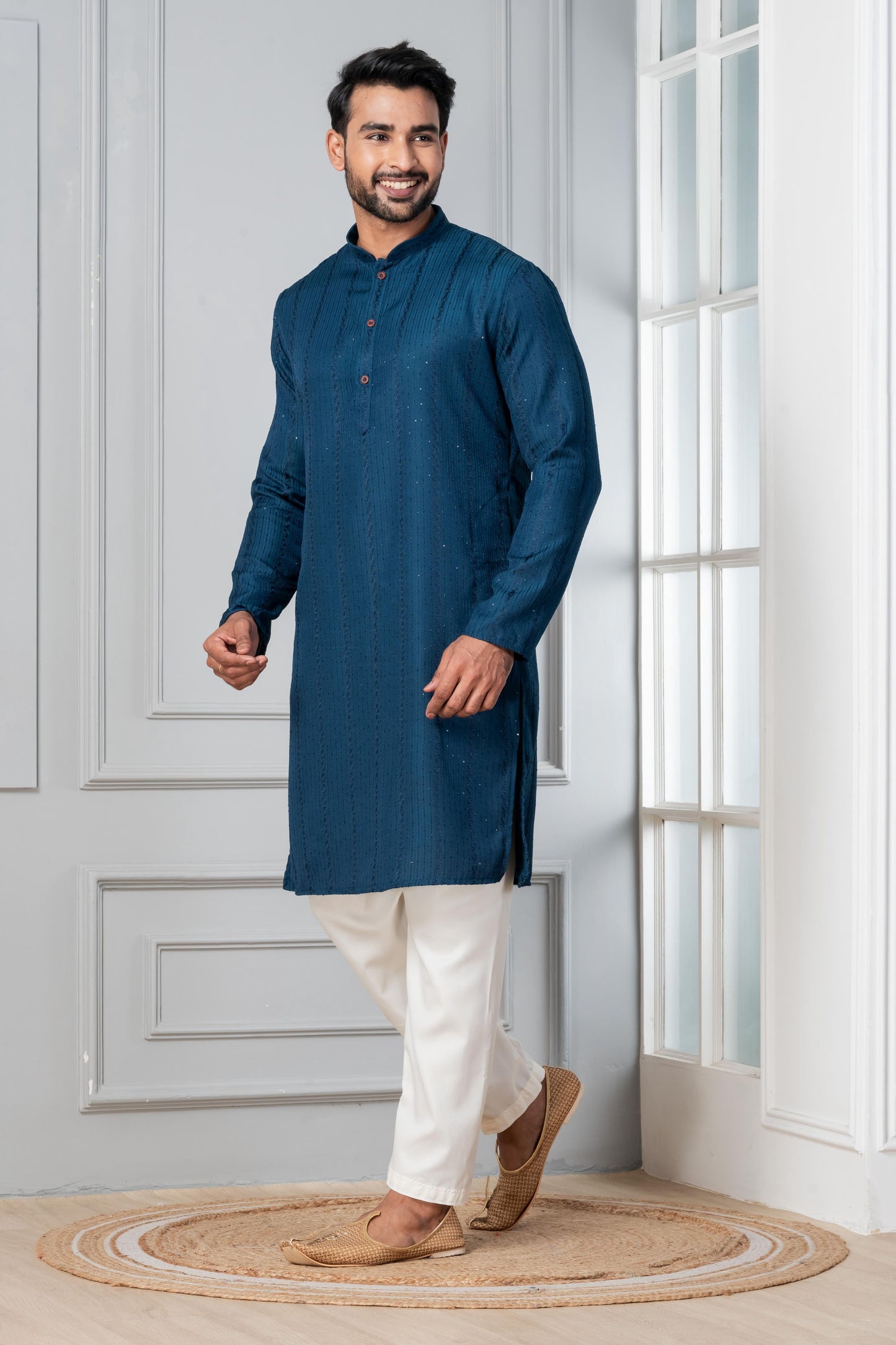Zavaya Men Blue Embroidery Silk Kurta Pyjama Set