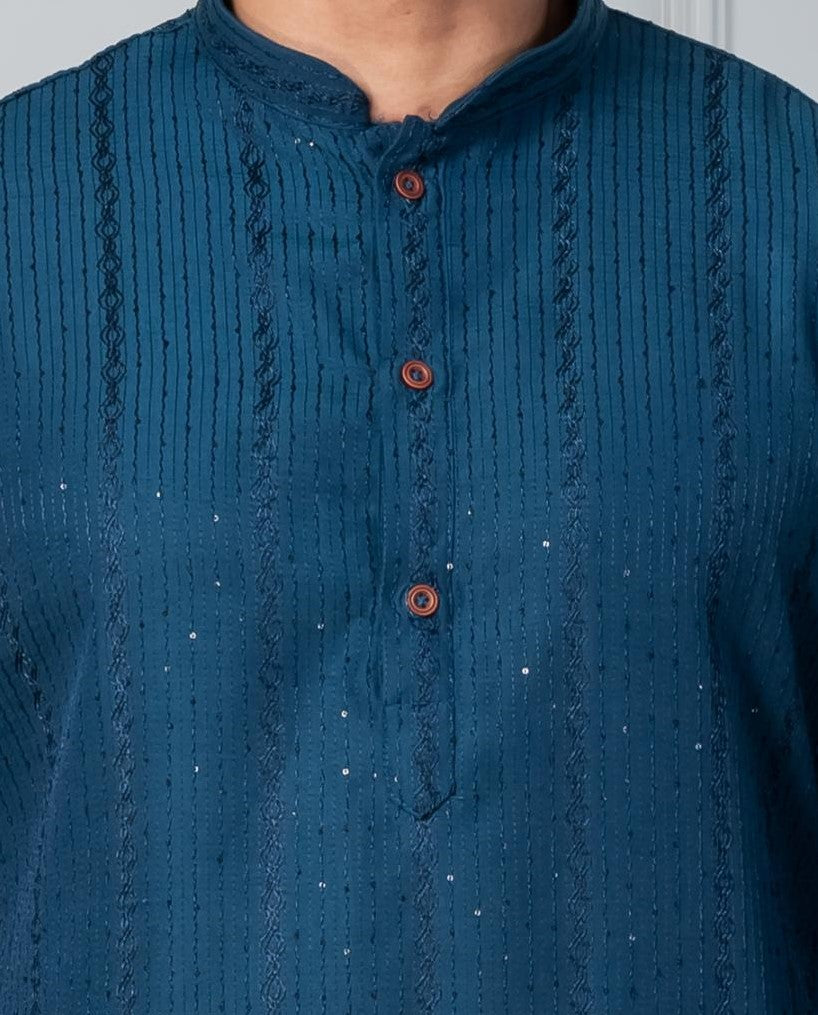 Zavaya Men Blue Embroidery Silk Kurta Pyjama Set
