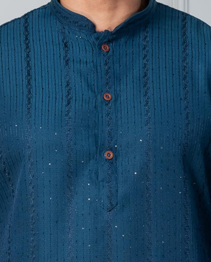 Zavaya Men Blue Embroidery Silk Kurta Pyjama Set