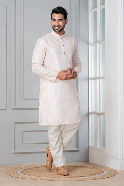Zavaya Men Peach Embroidery Silk Kurta