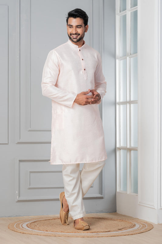 Zavaya Men Peach Embroidery Silk Kurta