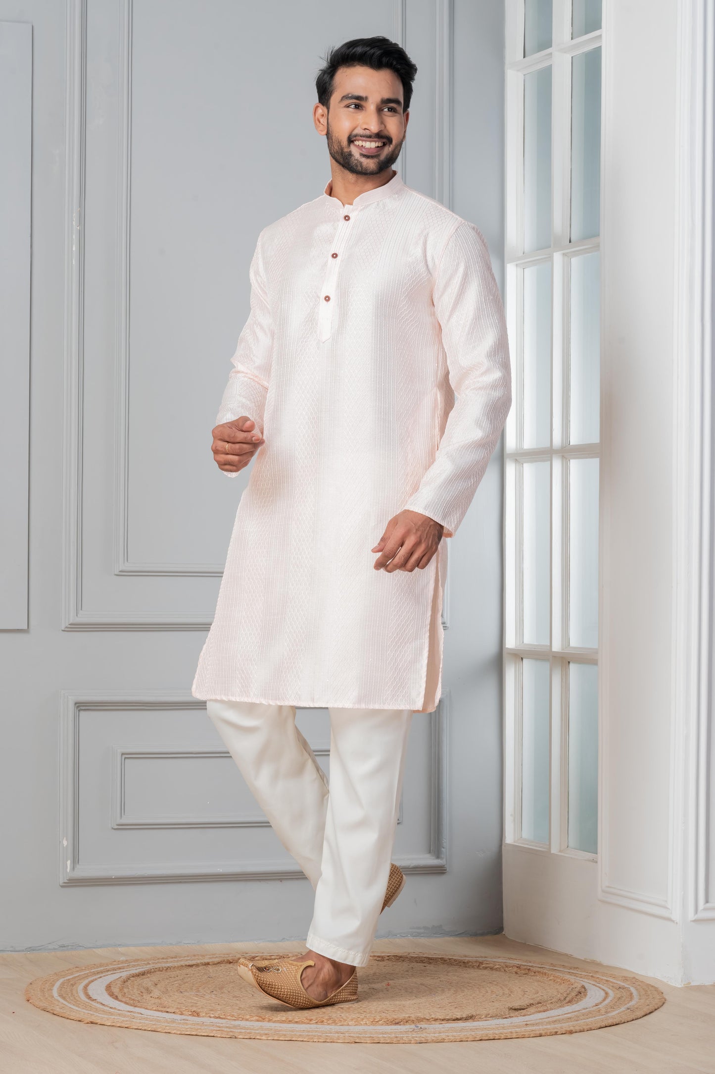 Zavaya Men Peach Embroidery Silk Kurta