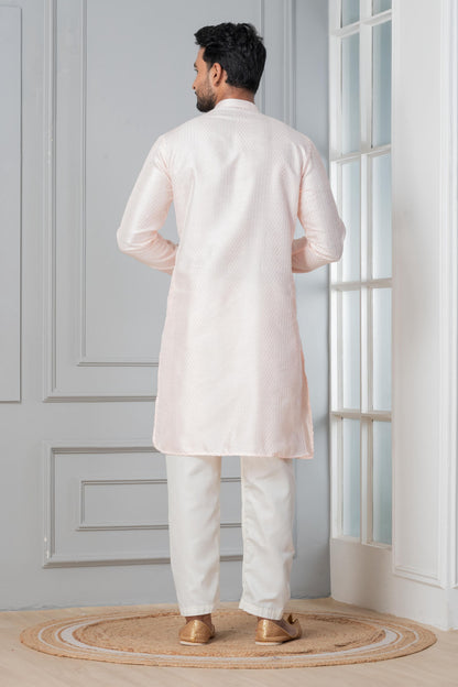 Zavaya Men Peach Embroidery Silk Kurta