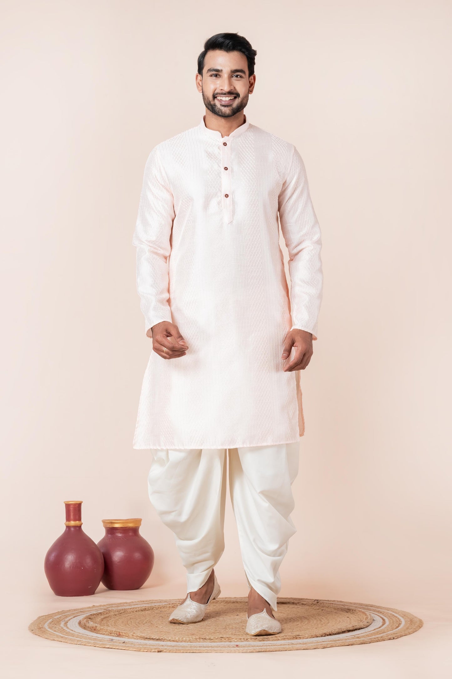 Zavaya Men Peach Embroidery Silk Kurta Dhoti Set