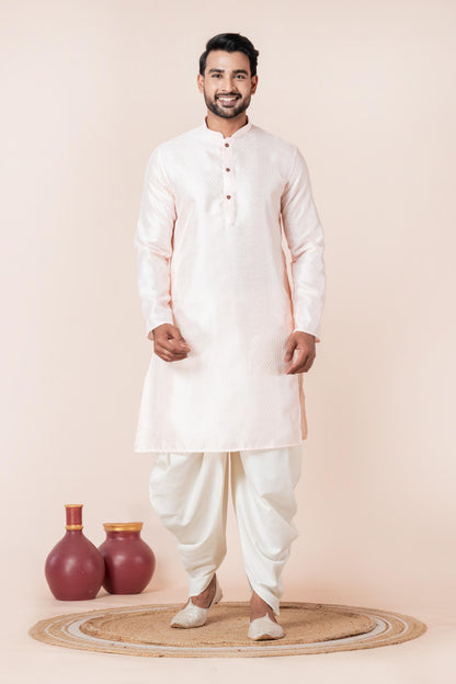Zavaya Men Peach Embroidery Silk Kurta Dhoti Set