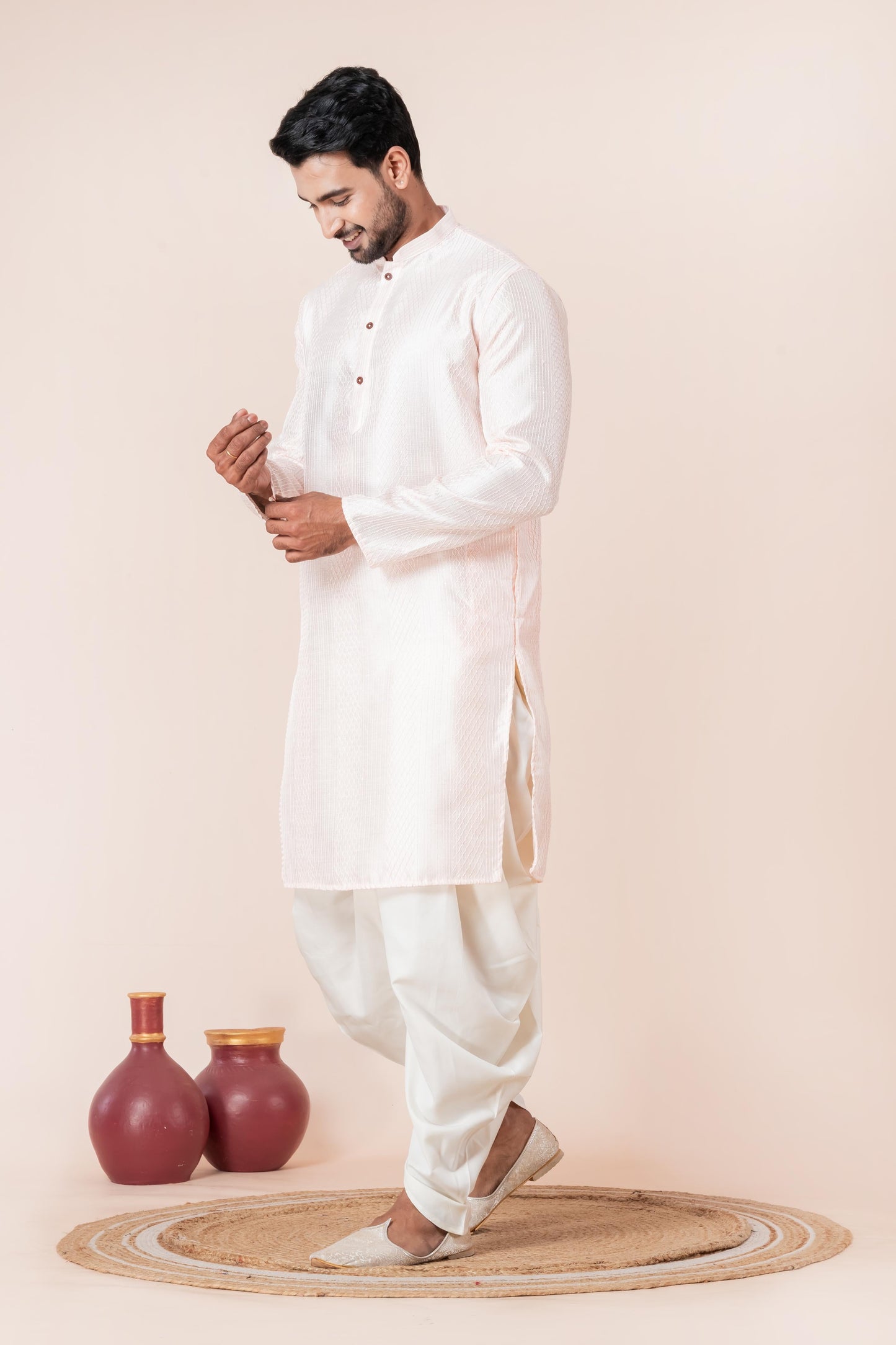 Zavaya Men Peach Embroidery Silk Kurta Dhoti Set