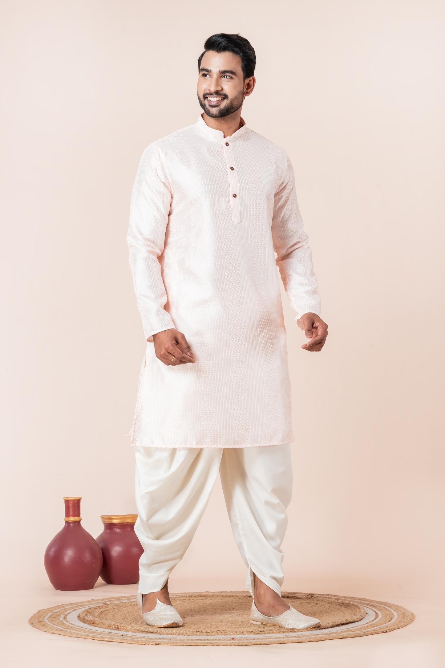 Zavaya Men Peach Embroidery Silk Kurta Dhoti Set