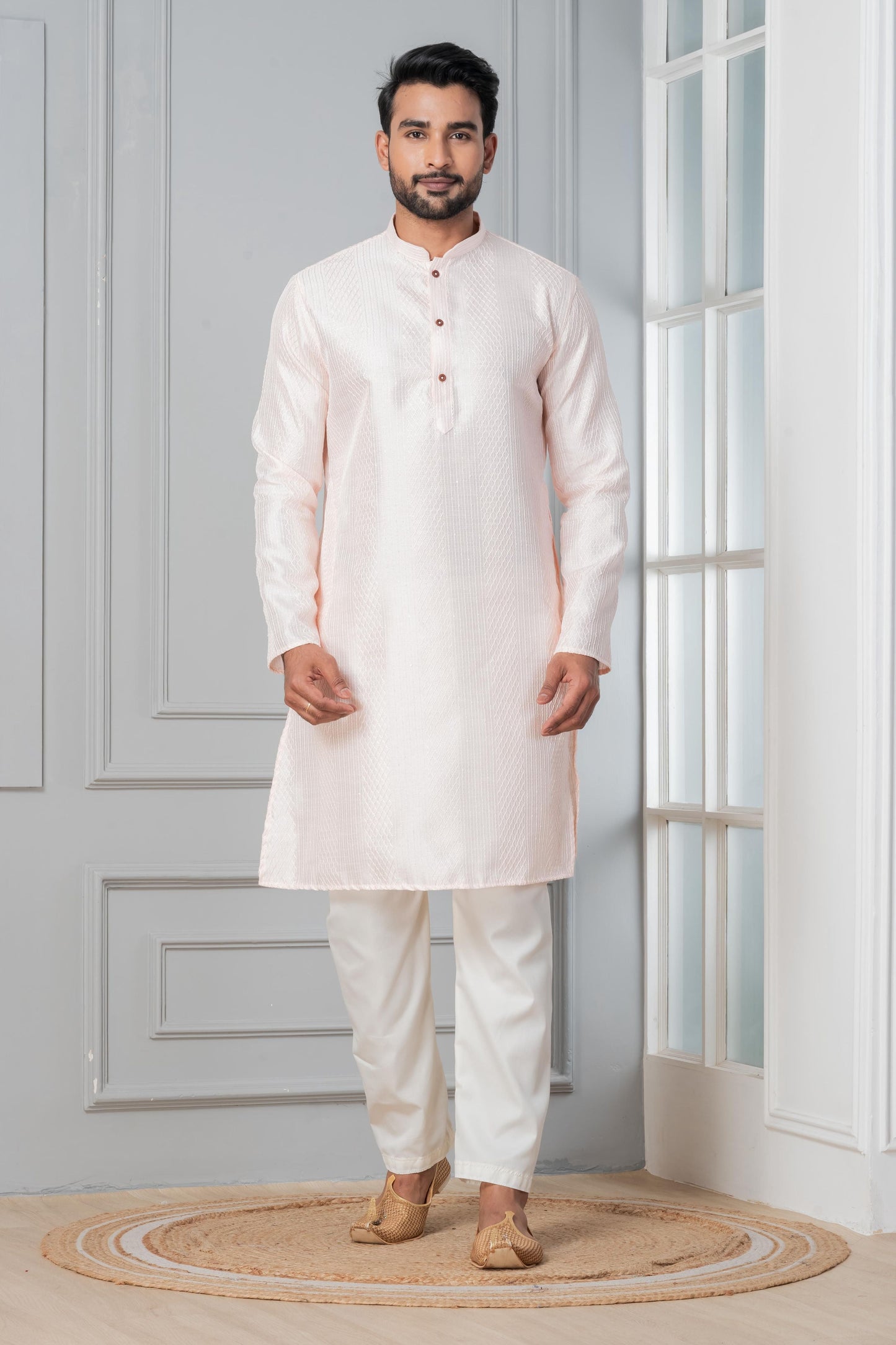 Zavaya Men Peach Embroidery Silk Kurta Pyjama Set