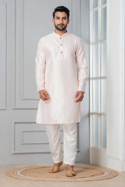 Zavaya Men Peach Embroidery Silk Kurta Pyjama Set