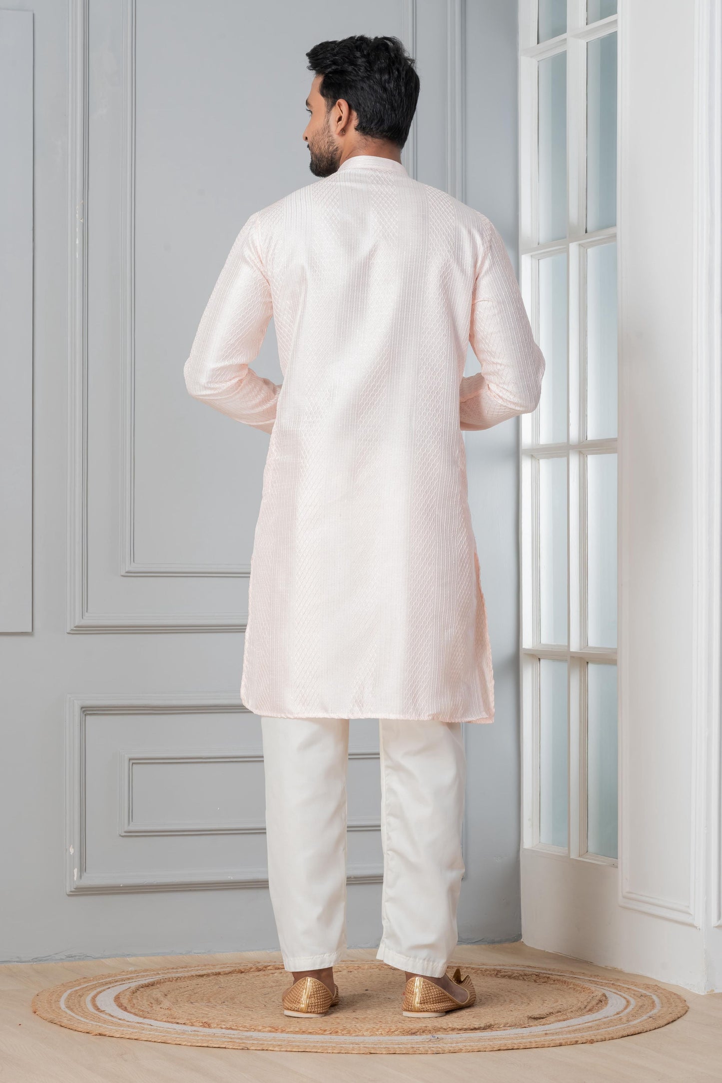 Zavaya Men Peach Embroidery Silk Kurta Pyjama Set