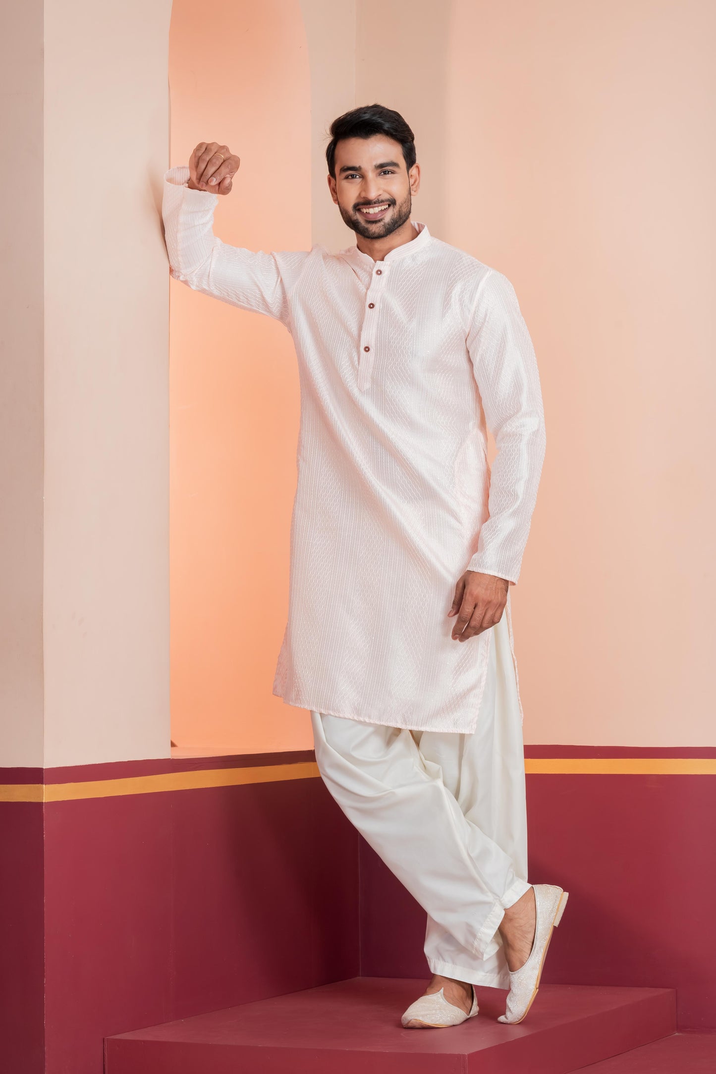 Zavaya Men Peach Embroidery Silk Kurta Patiala Set