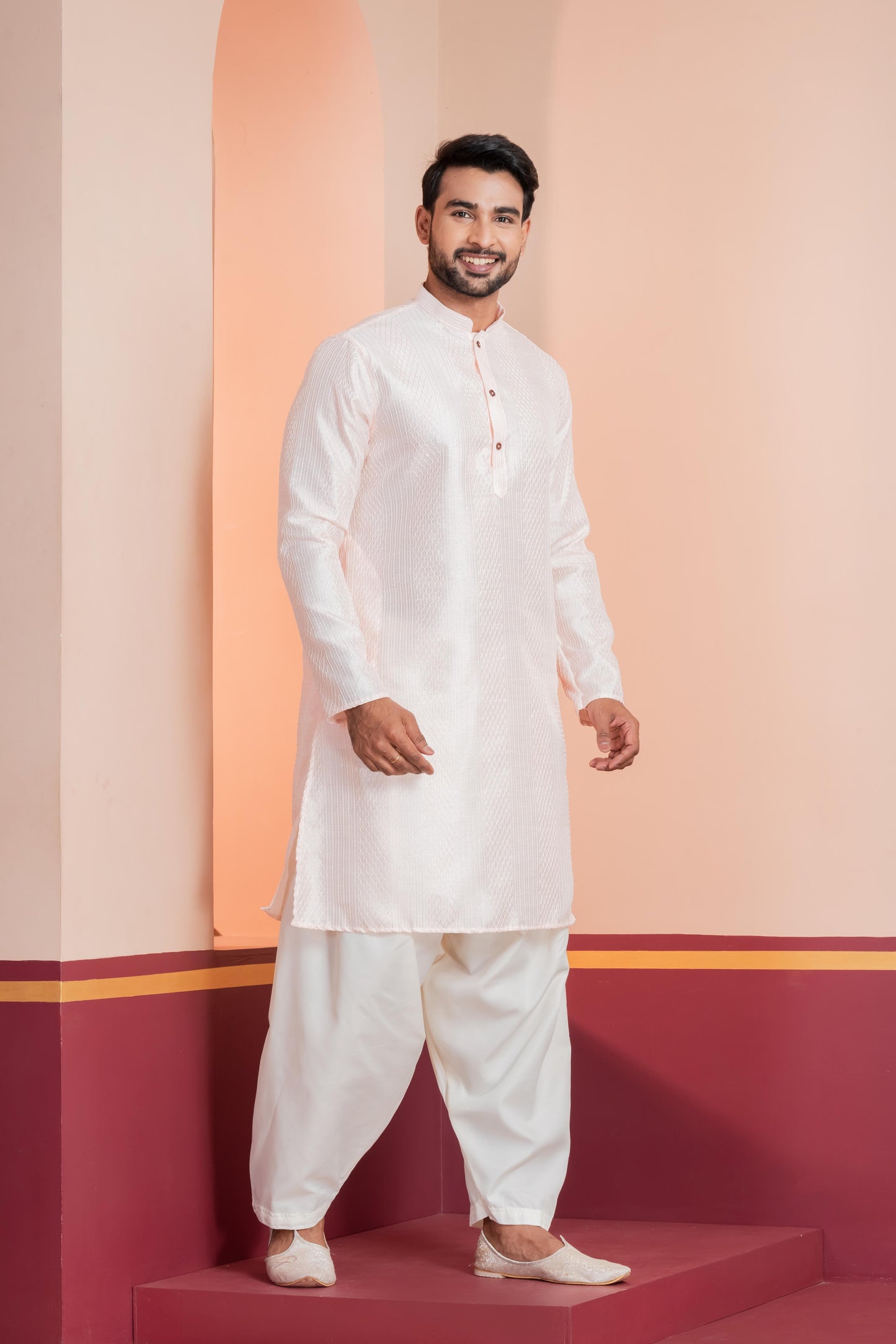 Zavaya Men Peach Embroidery Silk Kurta Patiala Set