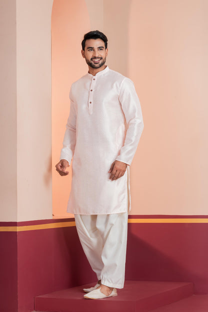 Zavaya Men Peach Embroidery Silk Kurta Patiala Set