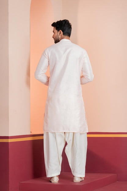 Zavaya Men Peach Embroidery Silk Kurta Patiala Set