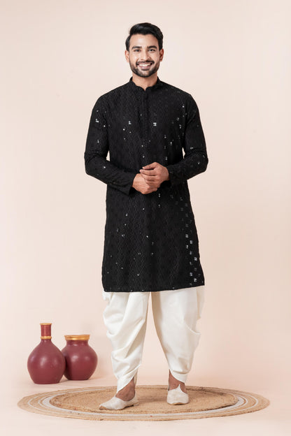 Zavaya Men Black Embroidery Cotton Blend Kurta Dhoti Set