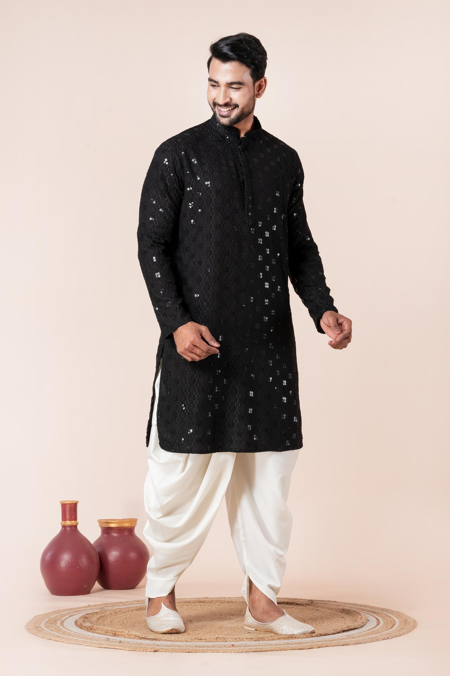 Zavaya Men Black Embroidery Cotton Blend Kurta Dhoti Set