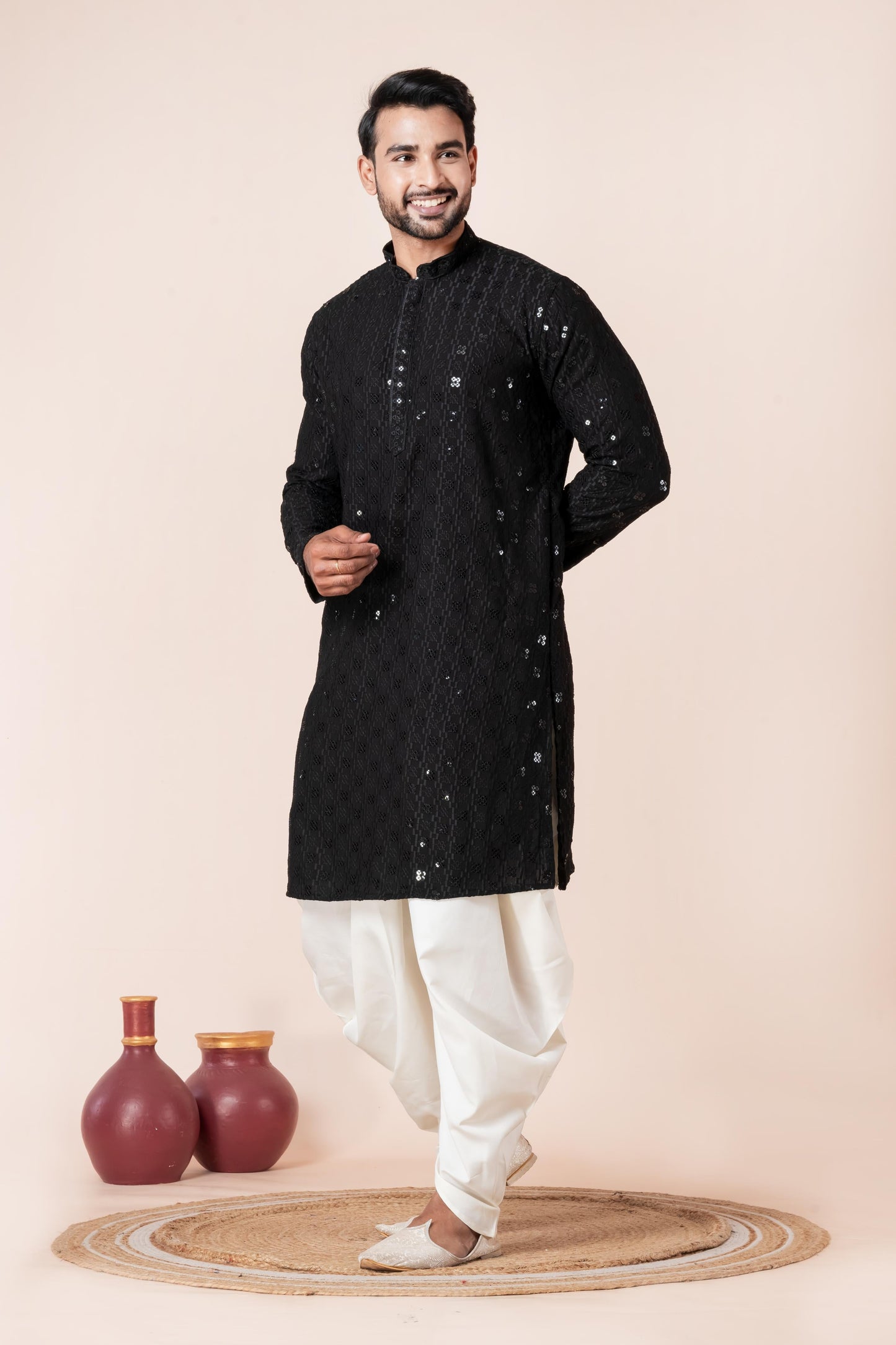 Zavaya Men Black Embroidery Cotton Blend Kurta Dhoti Set
