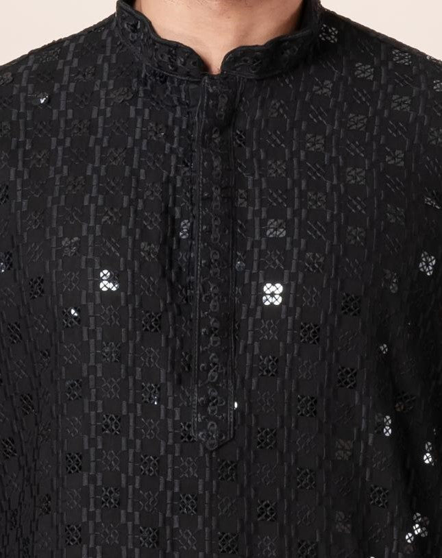 Zavaya Men Black Embroidery Cotton Blend Kurta Dhoti Set