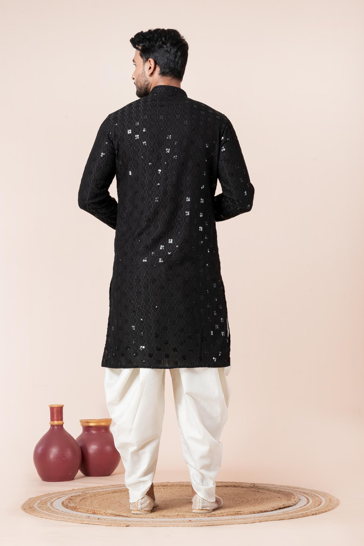 Zavaya Men Black Embroidery Cotton Blend Kurta Dhoti Set