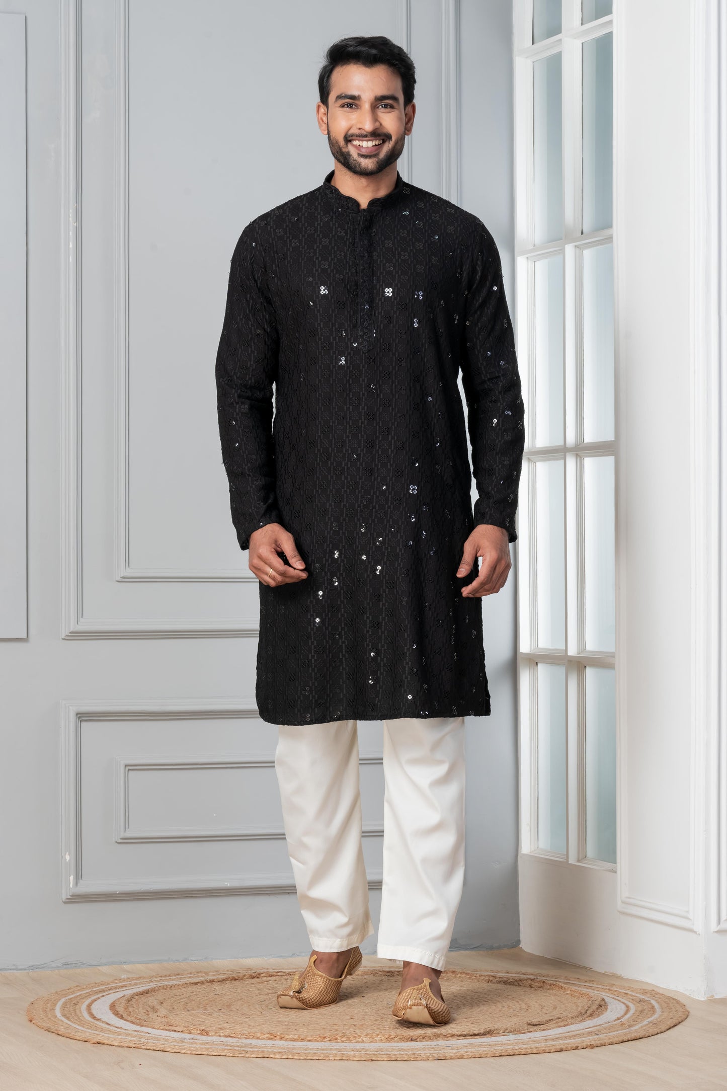 Zavaya Men Black Embroidery Cotton Blend Kurta Pyjama Set