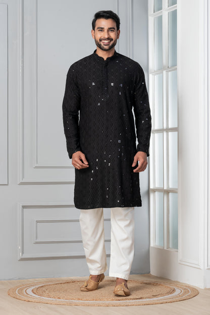 Zavaya Men Black Embroidery Cotton Blend Kurta Pyjama Set