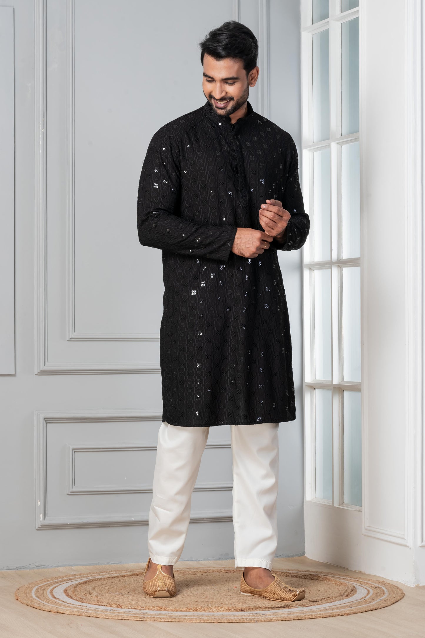 Zavaya Men Black Embroidery Cotton Blend Kurta Pyjama Set