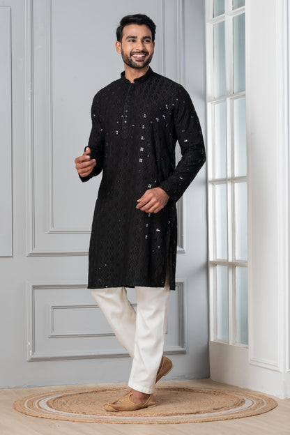 Zavaya Men Black Embroidery Cotton Blend Kurta Pyjama Set