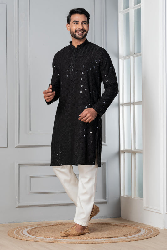 Zavaya Men Black Embroidery Cotton Blend Kurta Pyjama Set