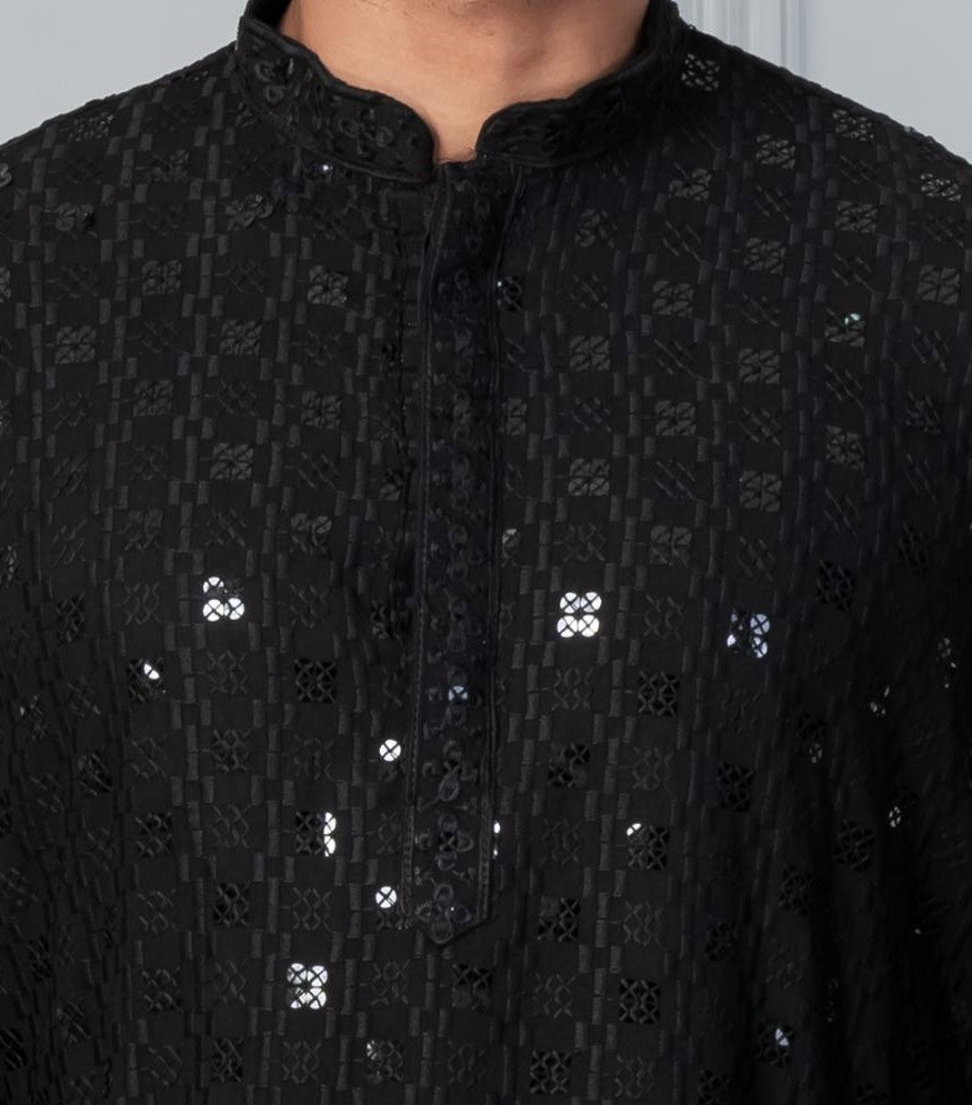Zavaya Men Black Embroidery Cotton Blend Kurta Pyjama Set