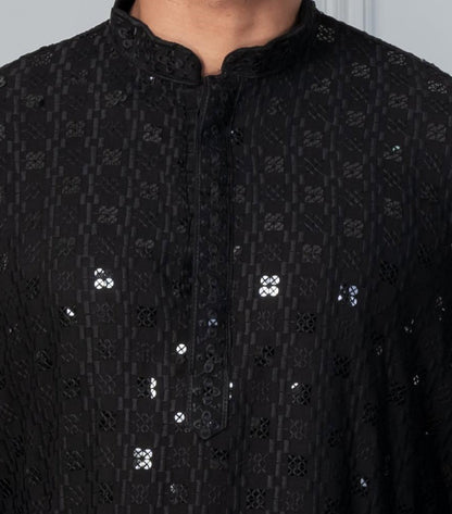 Zavaya Men Black Embroidery Cotton Blend Kurta Pyjama Set