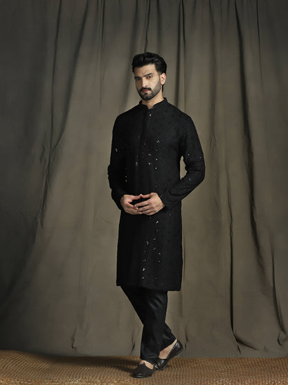 Zavaya Men Black Embroidery Cotton Blend Kurta